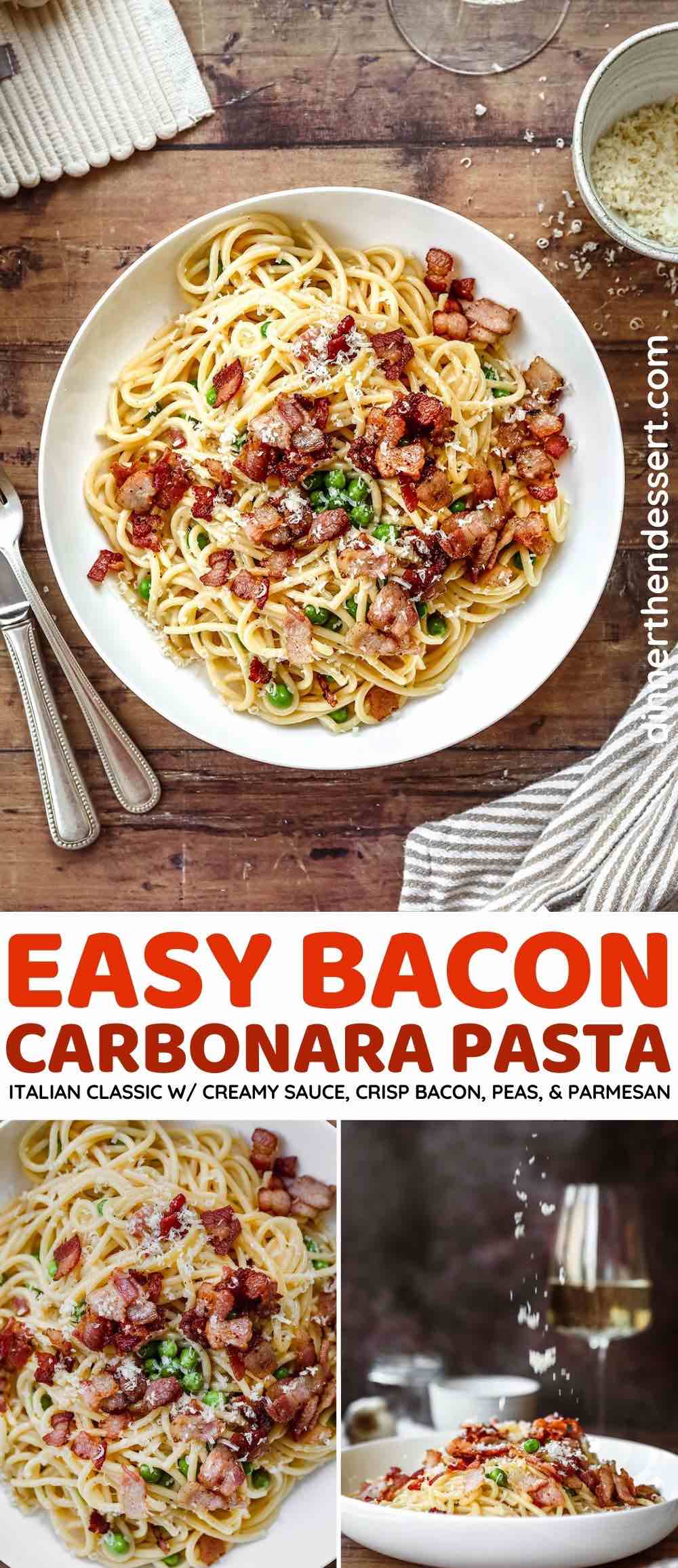 Photo collage, Noodles with bacon and peas on white plate pin image