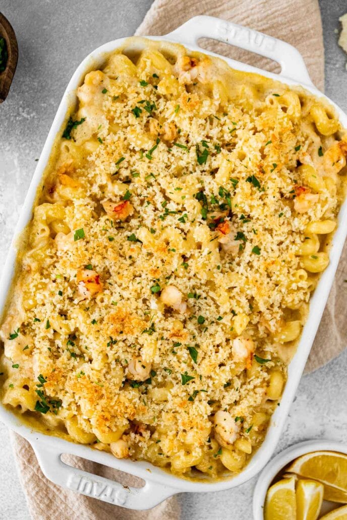 Lobster Mac and Cheese baked in pan