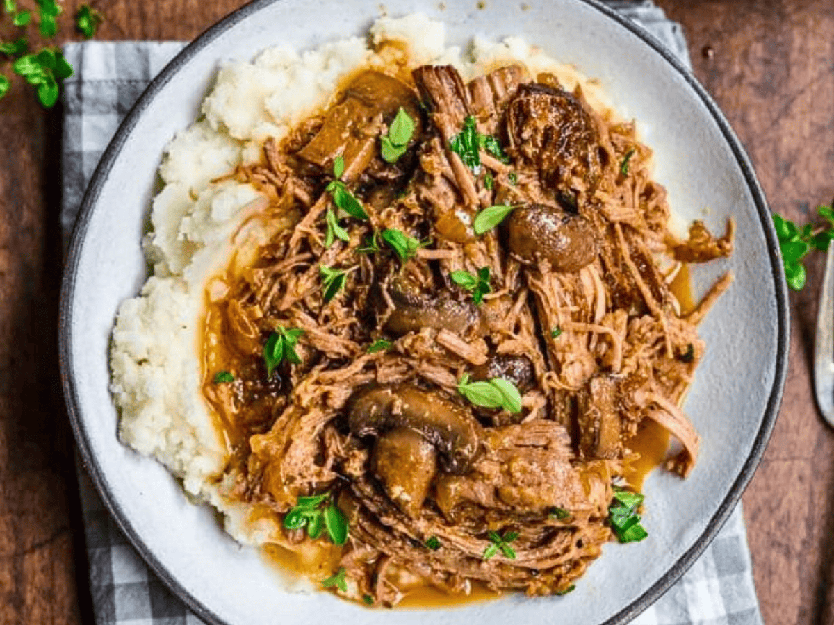 Shredded Beef over mashed potatoes