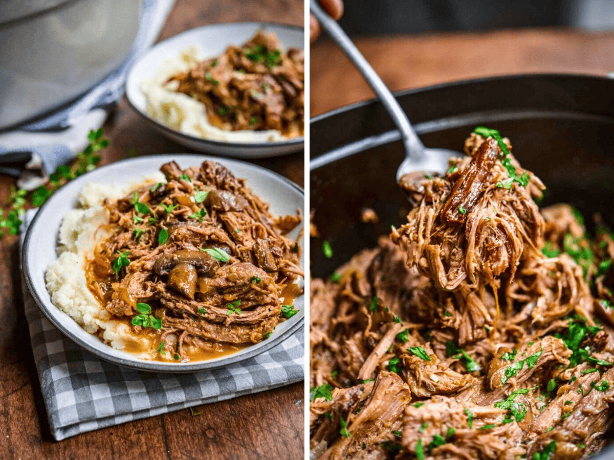 Collage of shredded beef over mashed potatoes and fork lifting beef