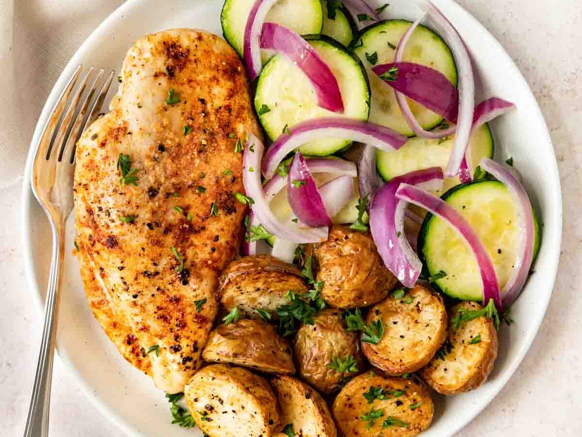 Overhead view of Chicken Breasts unsliced on plate