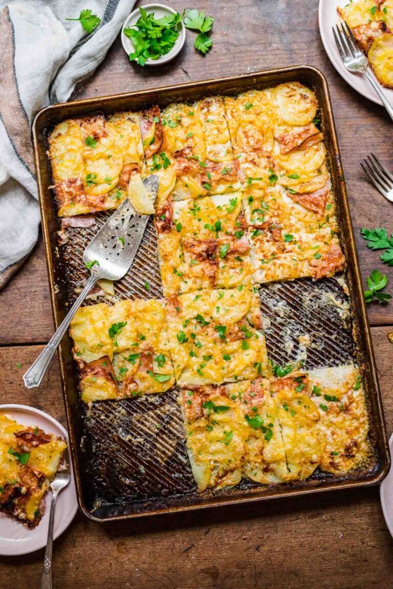 Sheet Pan Ham and Swiss Scalloped Potatoes - Dinner, then Dessert