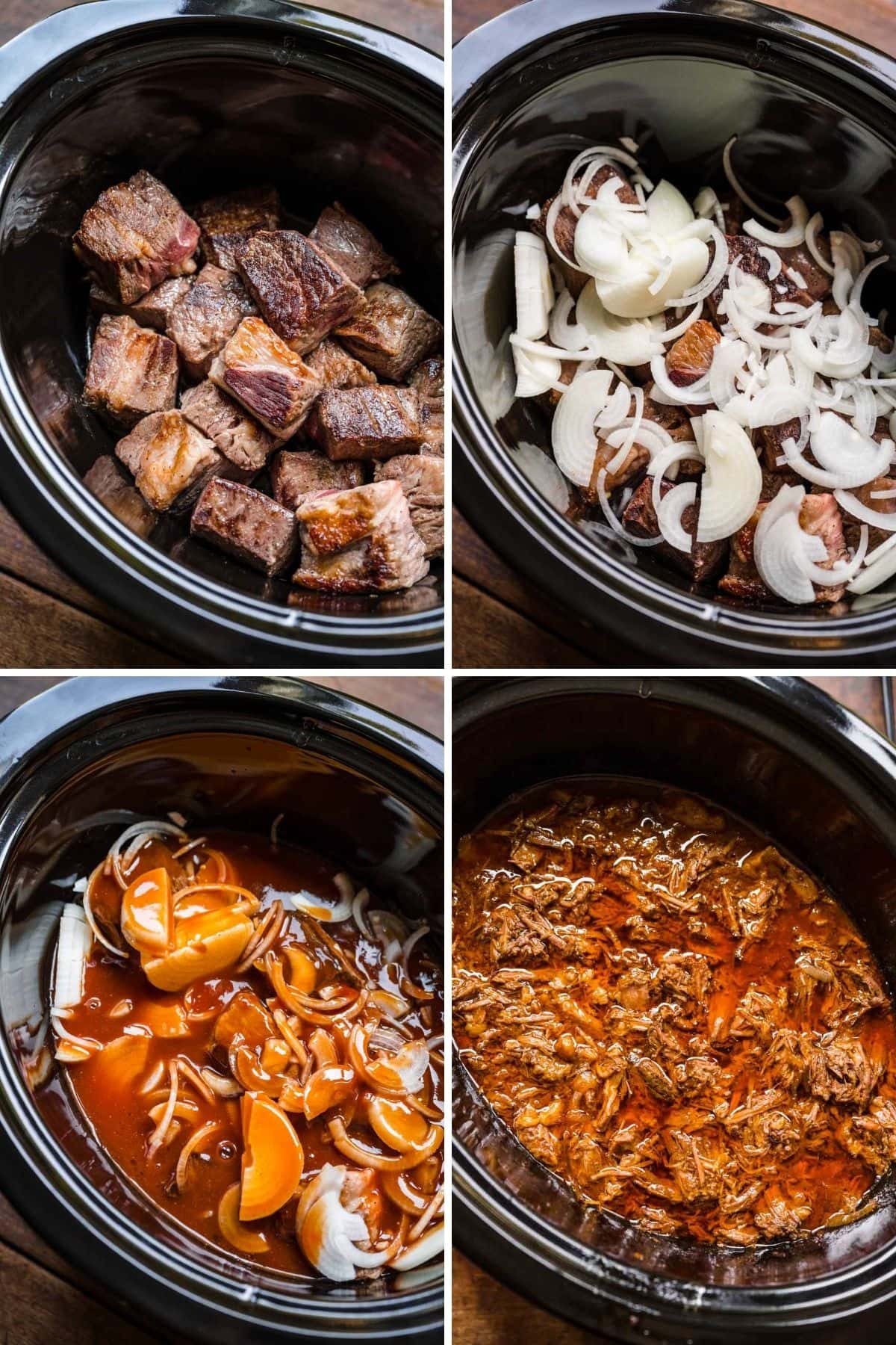 Slow Cooker Shredded Beef ingredients in crock pot collage