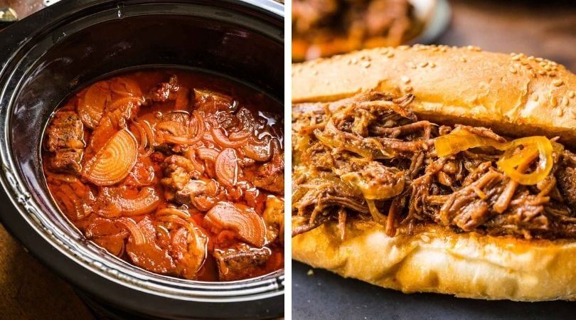 Slow Cooker Shredded Beef ingredients in crock pot and sandwich collage