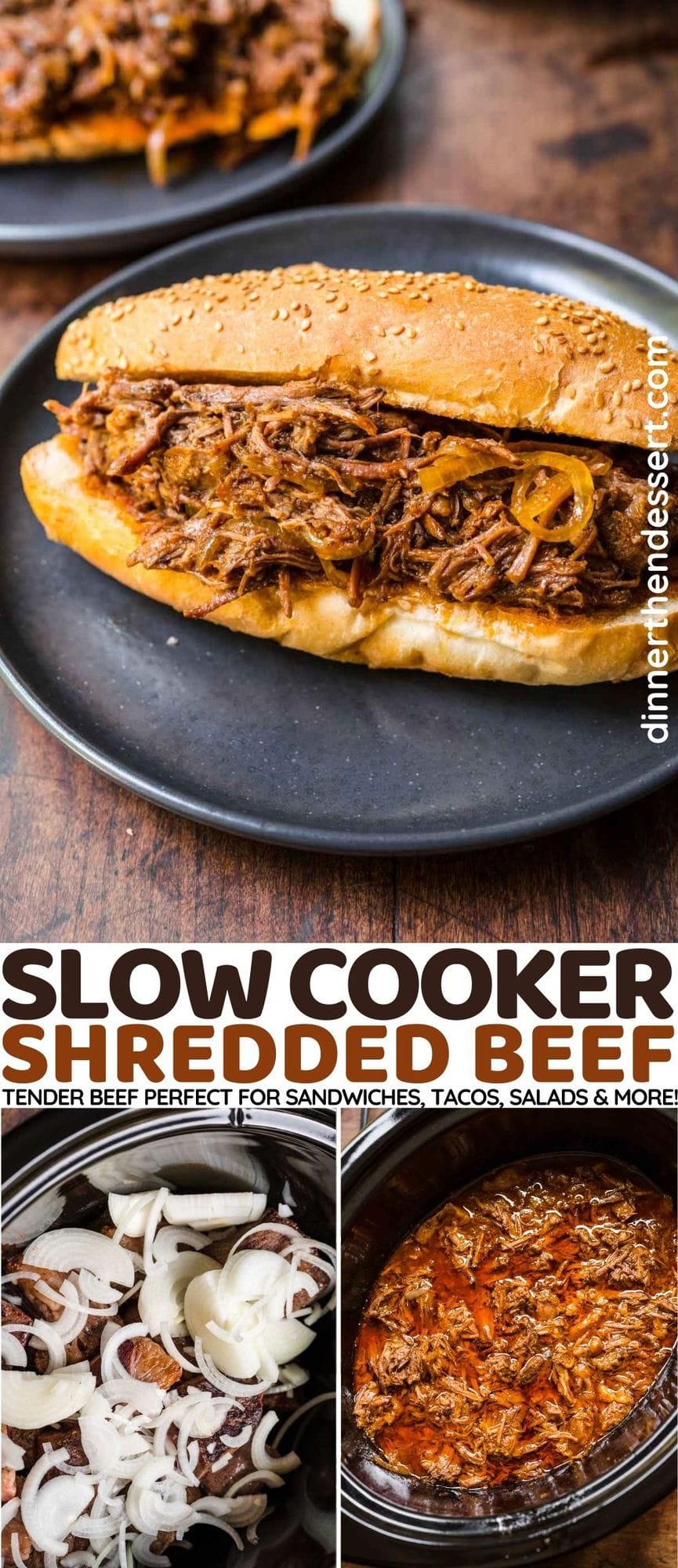 Slow Cooker Shredded Beef filling in hoagie roll on plate collage
