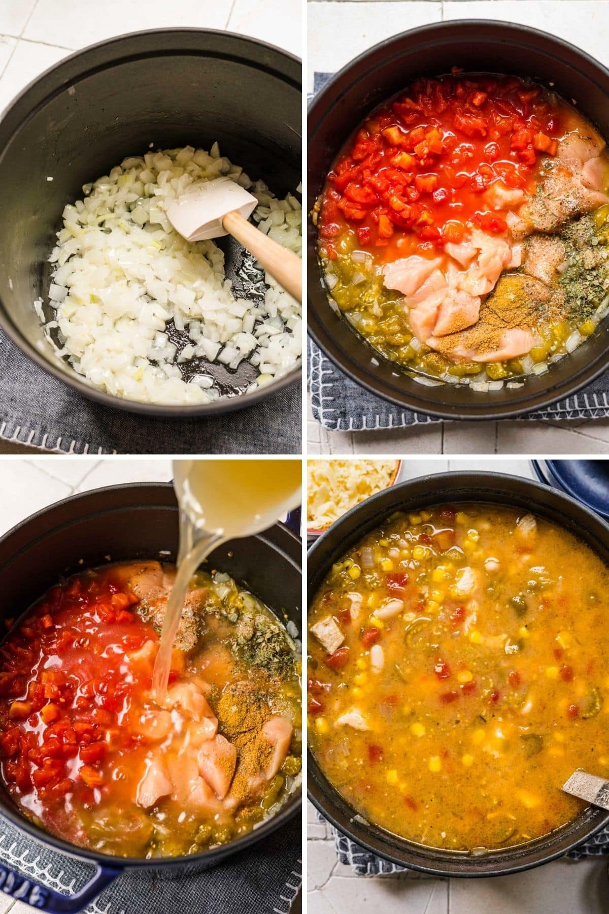 White Bean Chicken Chili preparation in pan collage