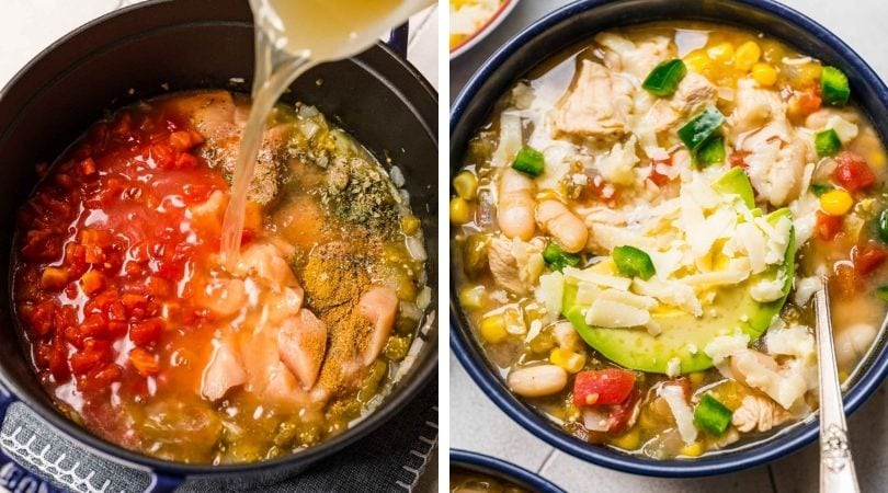 White Bean Chicken Chili in pan and bowl collage