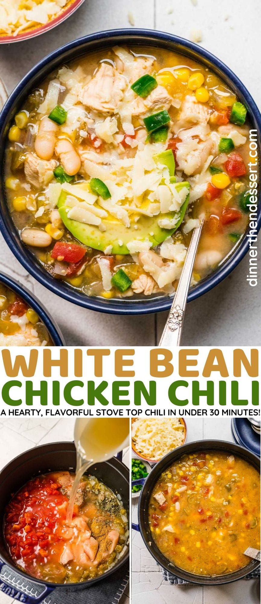 White Bean Chicken Chili in pan and bowl collage