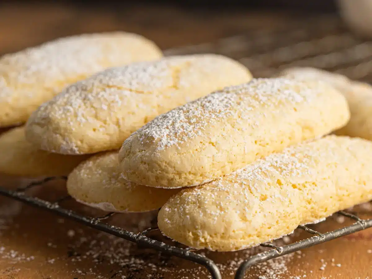 Close up of sugar dusted cookies on cooling rack.