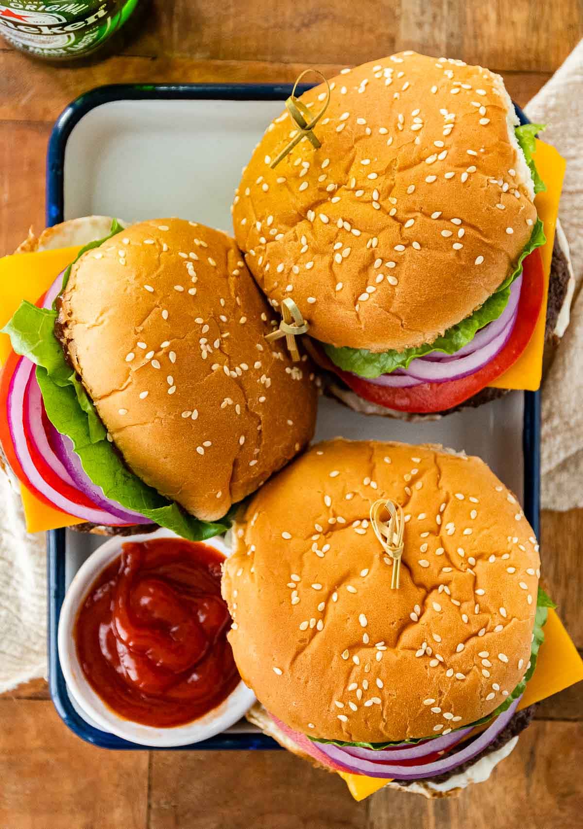 Air Fryer Cheeseburgers on serving platter