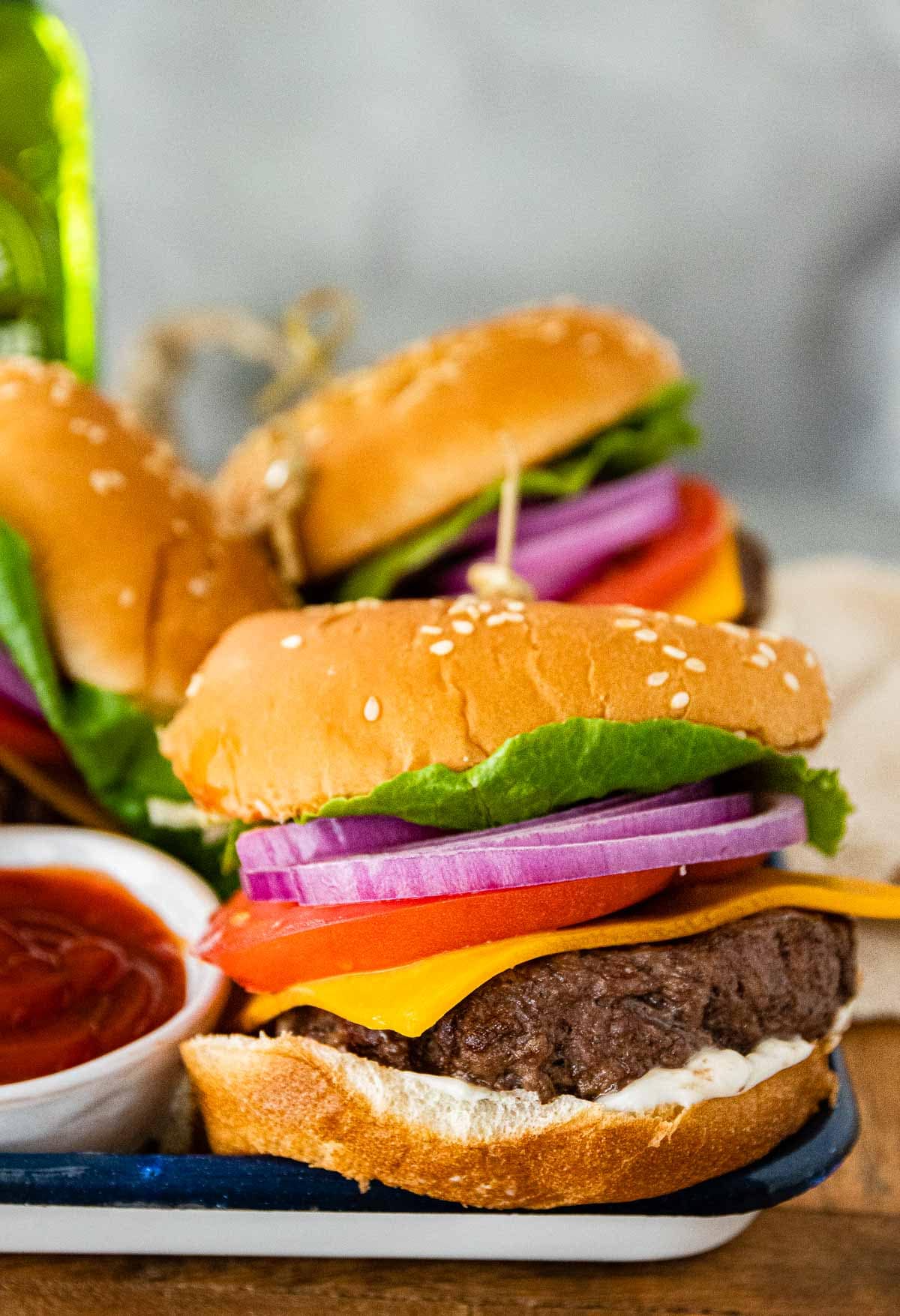 Air Fryer Cheeseburgers on serving platter