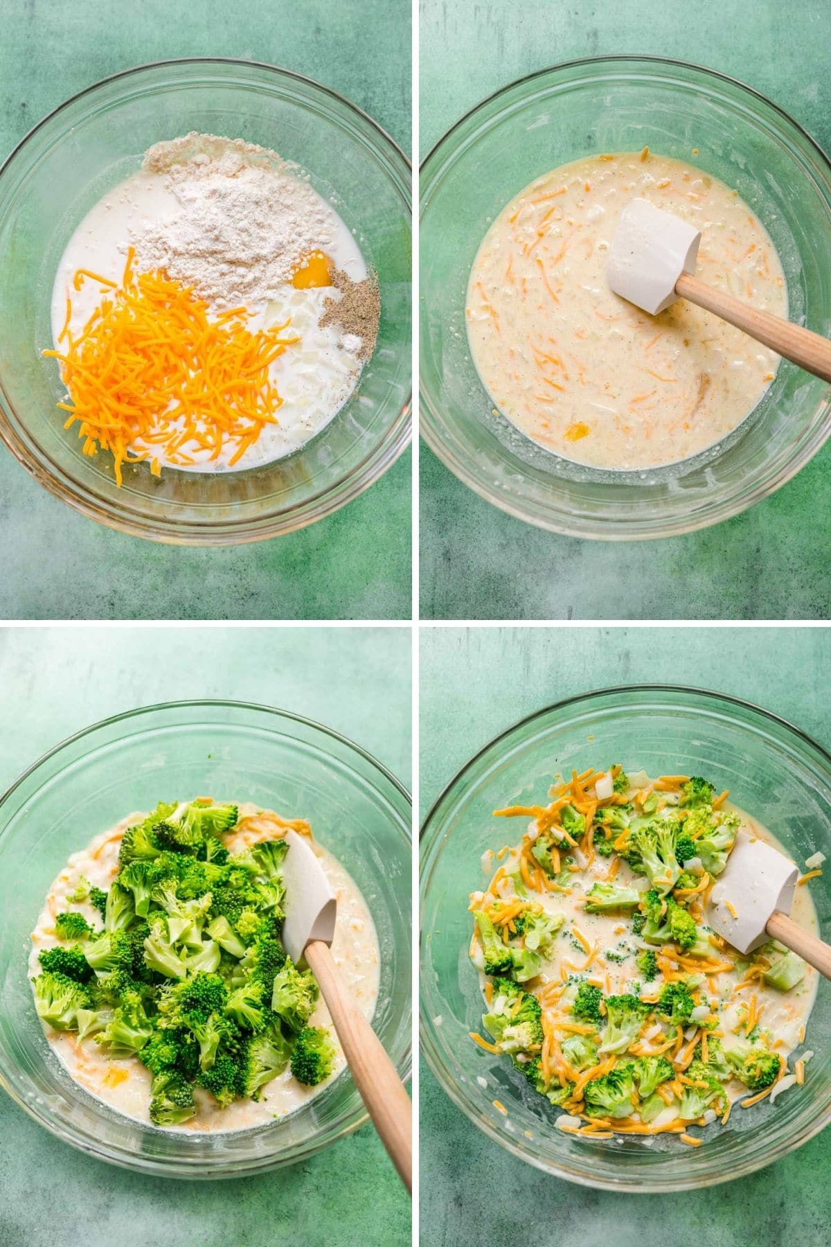 Broccoli Pie ingredients in a glass bowl unmixed and mixed collage