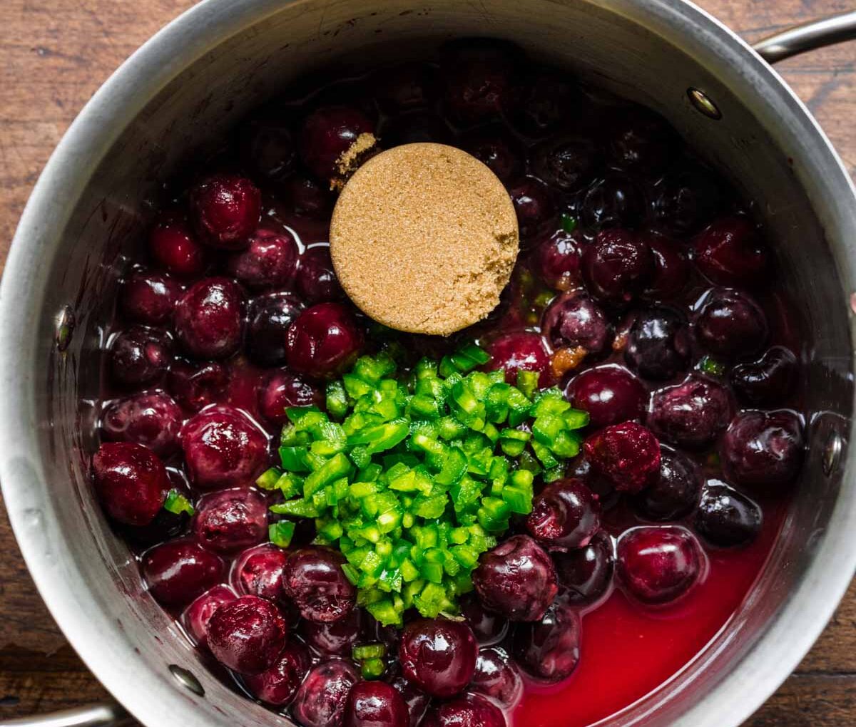 Ingredients in Cherry Sauce in pot