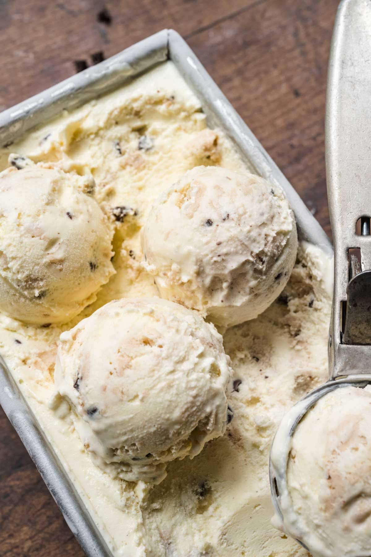 Chocolate Chip Cookie Dough Ice Cream scoops in serving pan