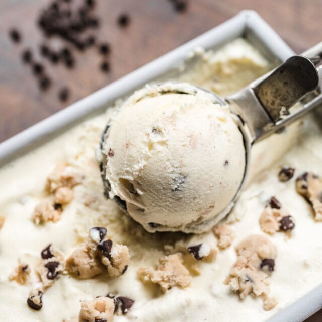 Chocolate Chip Cookie Dough Ice Cream scoop in serving pan 1x1