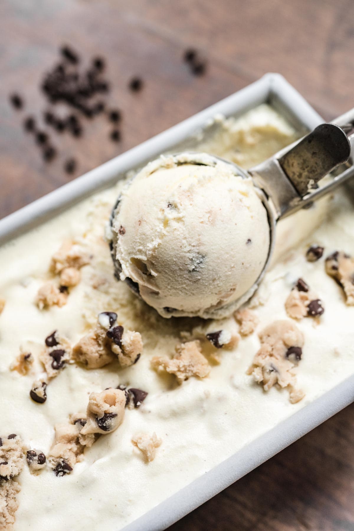 Chocolate Chip Cookie Dough Ice Cream scoop in serving pan