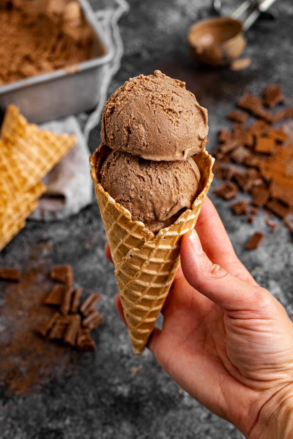 Chocolate Ice Cream scoops in cone