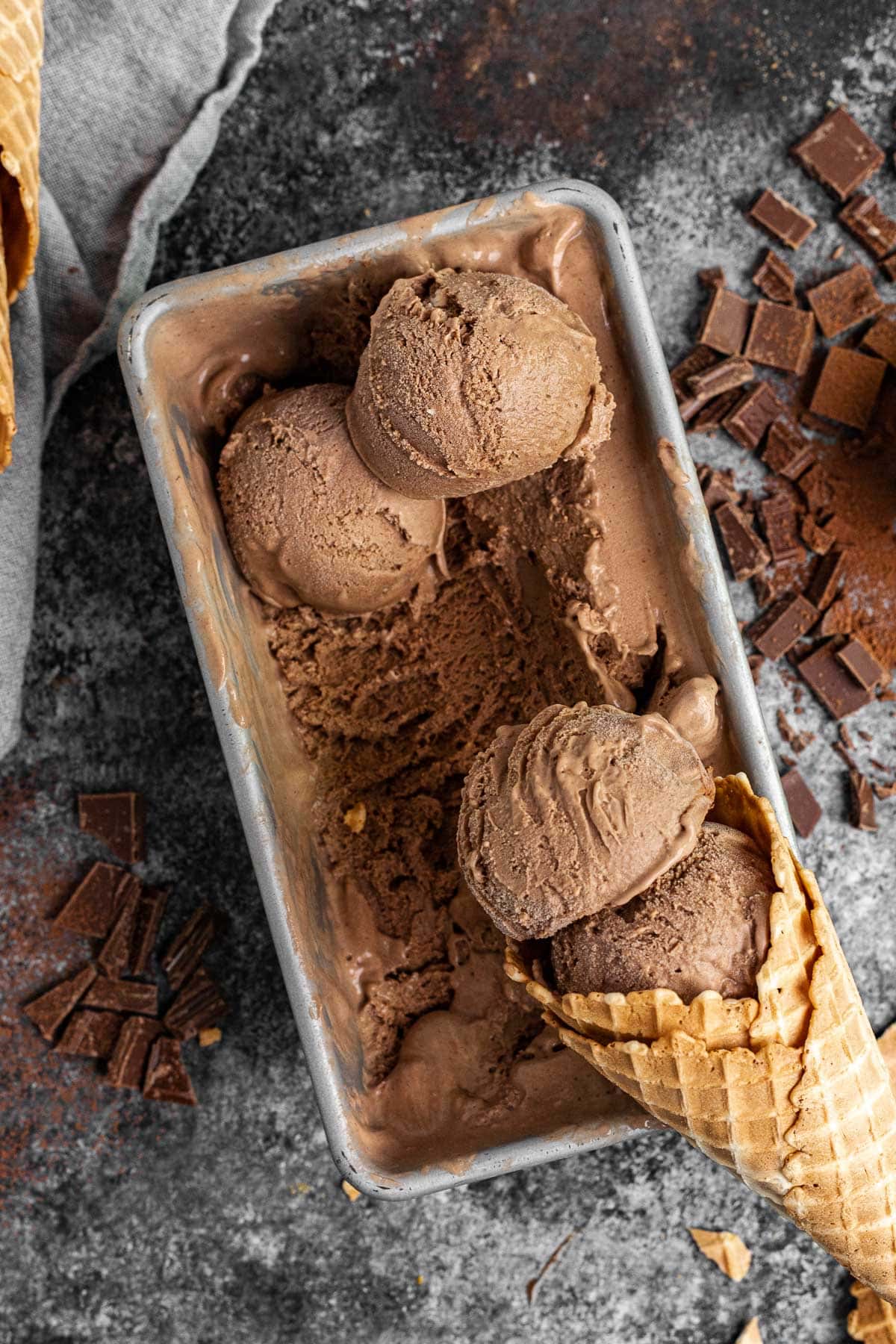 Chocolate Ice Cream scoops in cone in pan