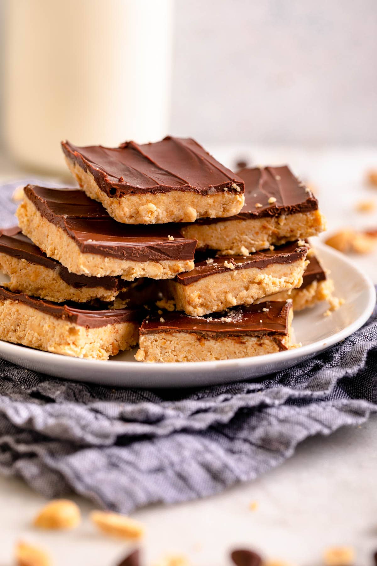 Chocolate Peanut Butter Bars cut on serving platter