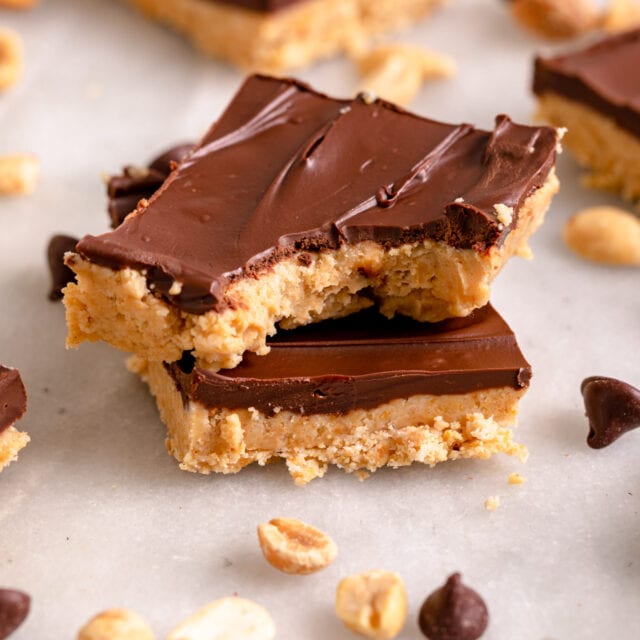 Chocolate Peanut Butter Bars with bite missing