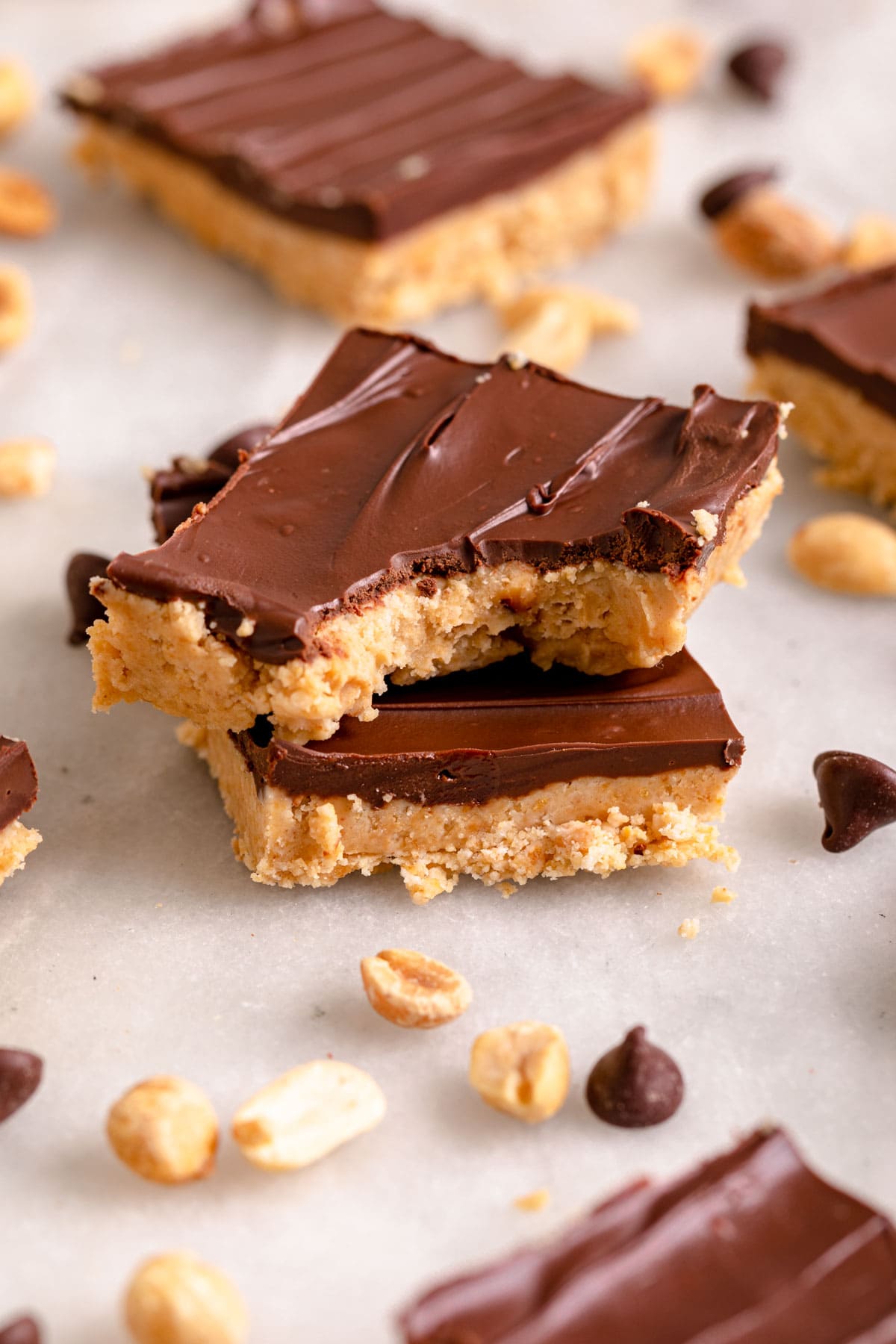 Chocolate Peanut Butter Bars with bite missing