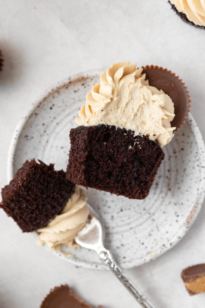Chocolate Peanut Butter Cupcakes on a fork