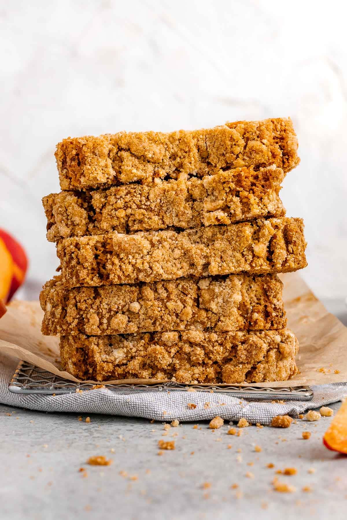 Cinnamon Streusel Peach Bread sliced in stack