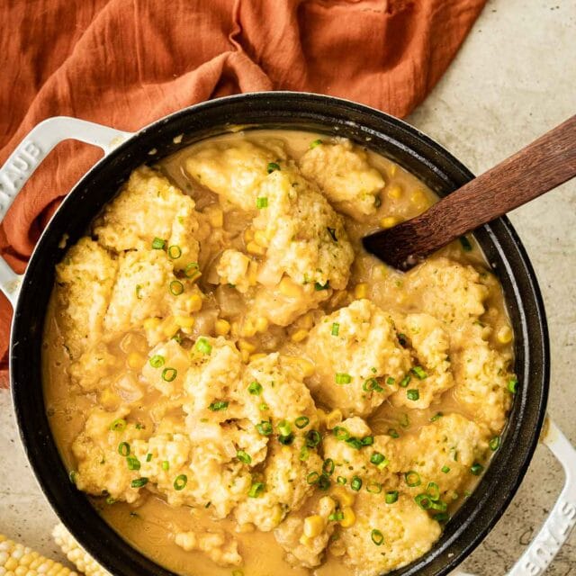 Corn Chowder with Cornmeal Dumplings in cooking pot