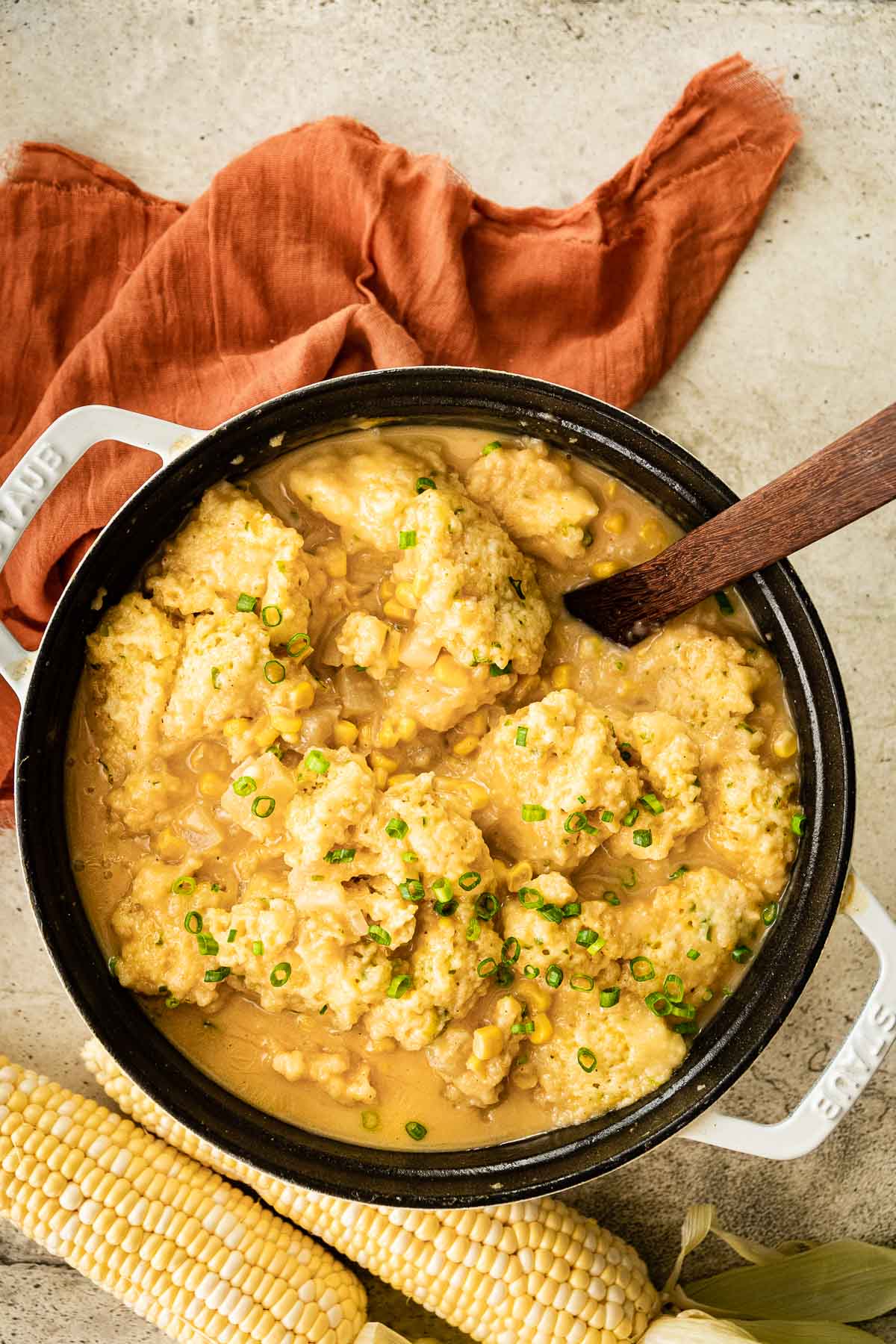 Corn Chowder with Cornmeal Dumplings in cooking pot