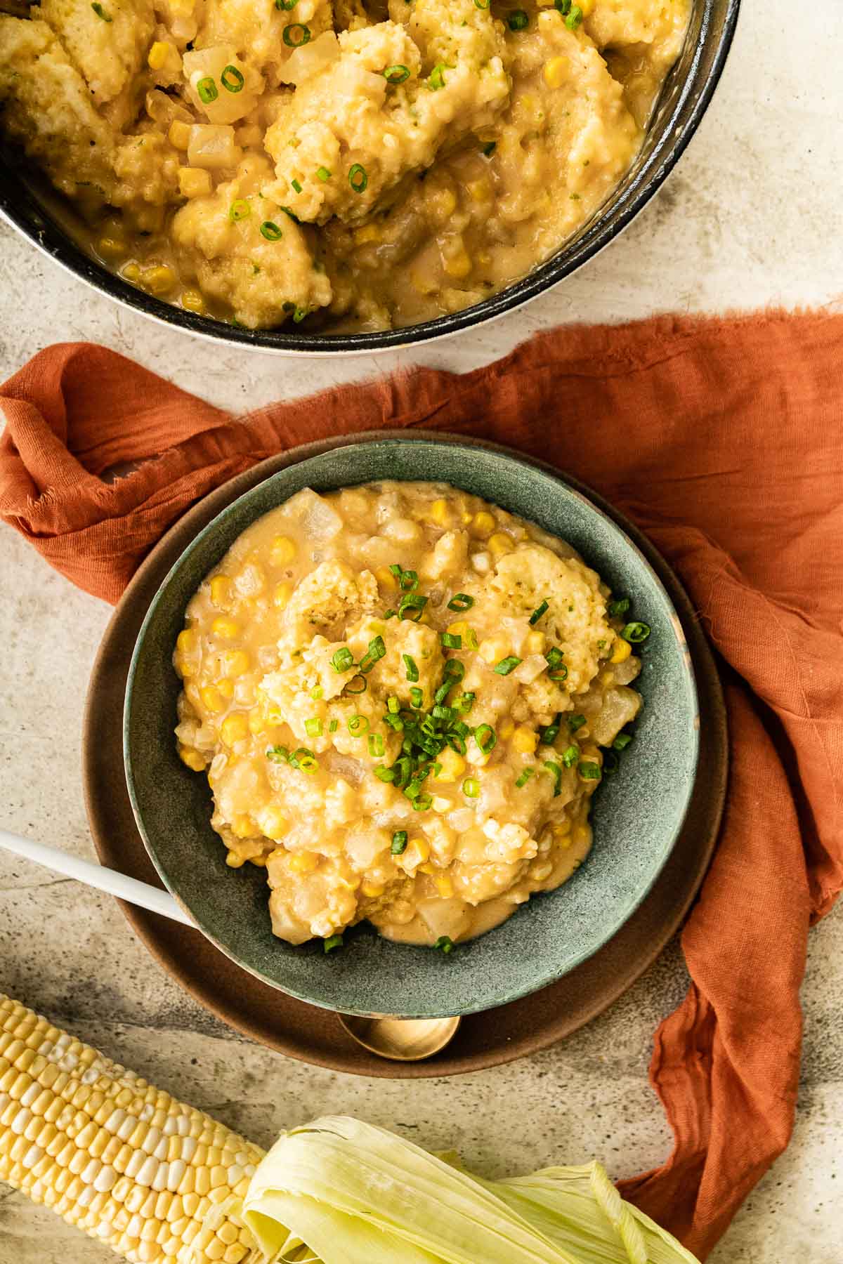 Corn Chowder with Cornmeal Dumplings in serving bowl