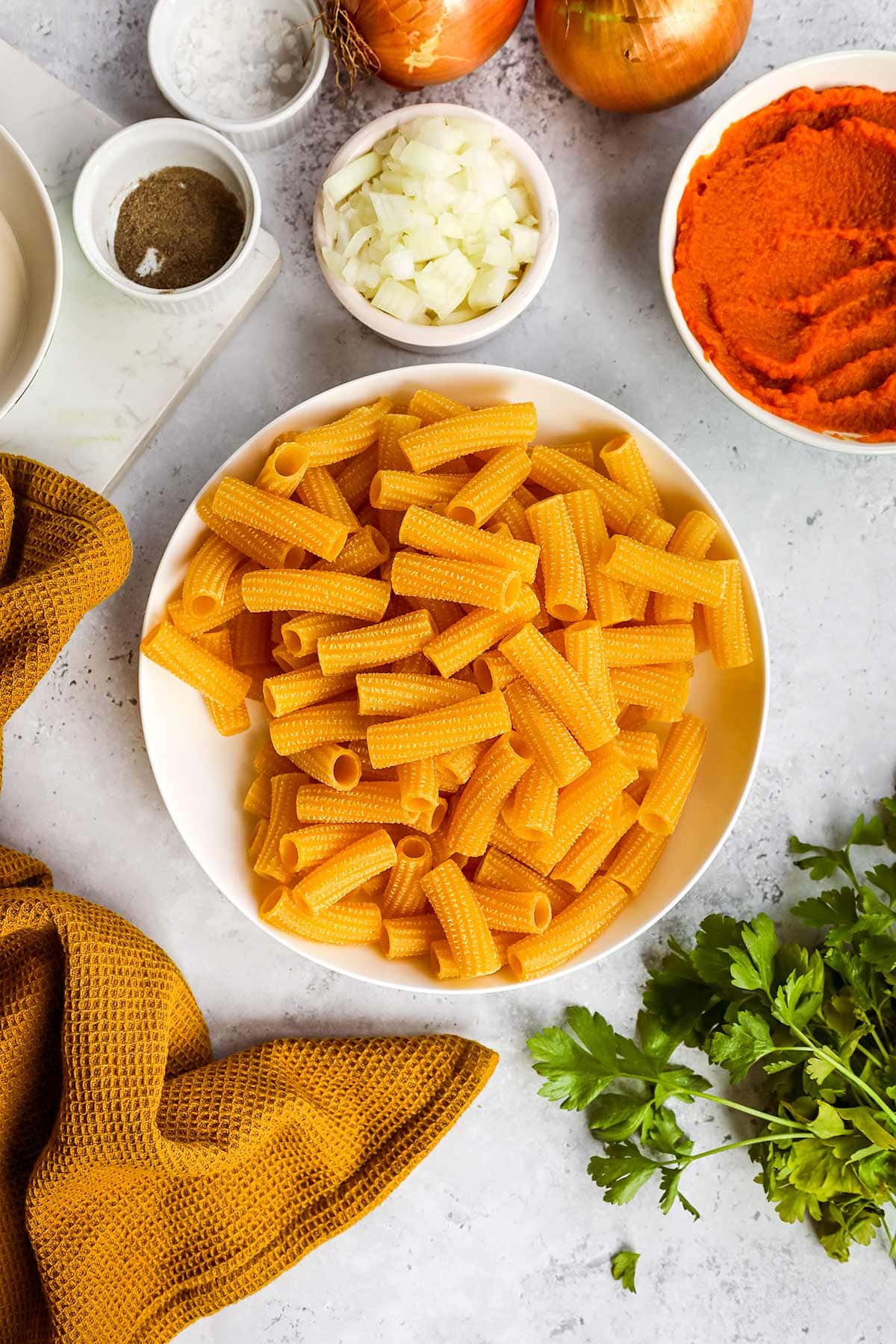 Creamy Pumpkin Pasta ingredients in separate bowls