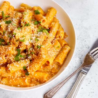 Creamy Pasta in bowl topped with Parmesan cheese and parsley