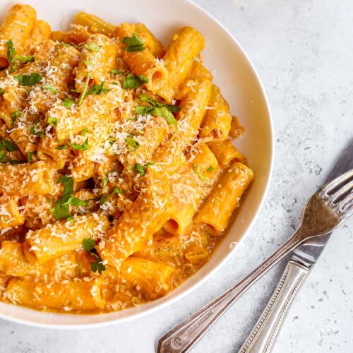 Creamy Pasta in bowl topped with Parmesan cheese and parsley