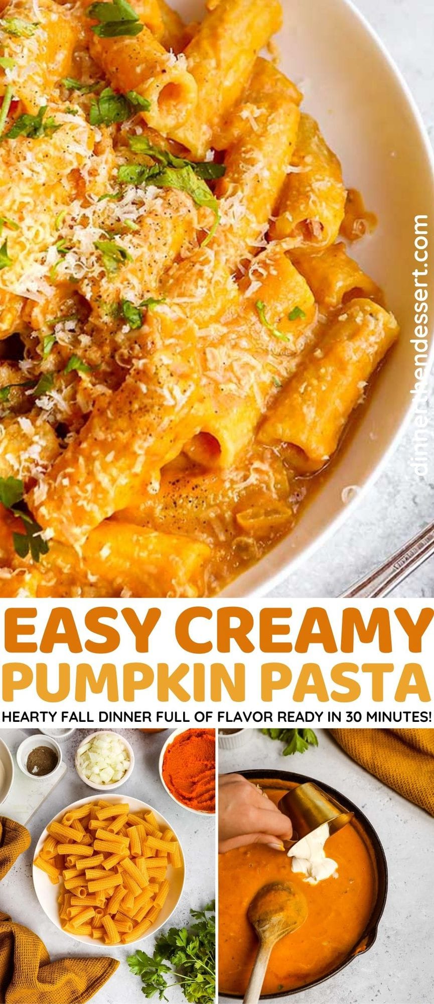 Creamy Pumpkin Pasta in bowl topped with Parmesan cheese and parsley collage