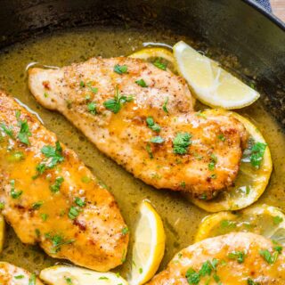 Lemon Chicken with sauce in pan 1x1