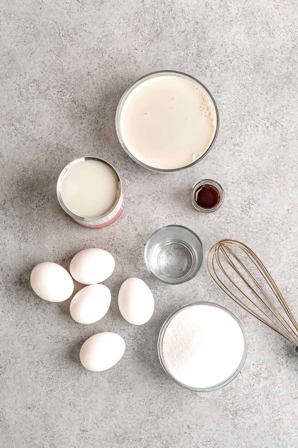 Mexican Caramel Flan ingredients in separate mixing bowls