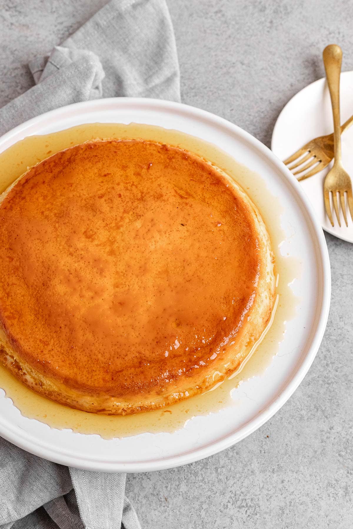 Mexican Caramel Flan on plate top view