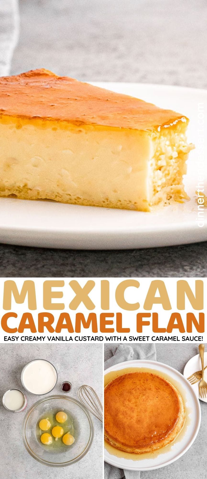 Mexican Caramel Flan slice on a plate with bite on fork collage