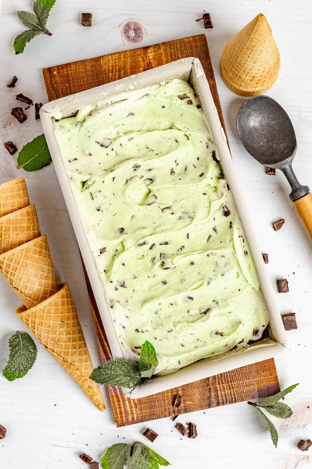 Mint Chocolate Chip Ice Cream in pan finished