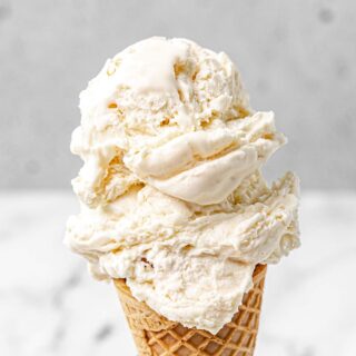 No Churn Vanilla Ice Cream scoops on cone 1x1