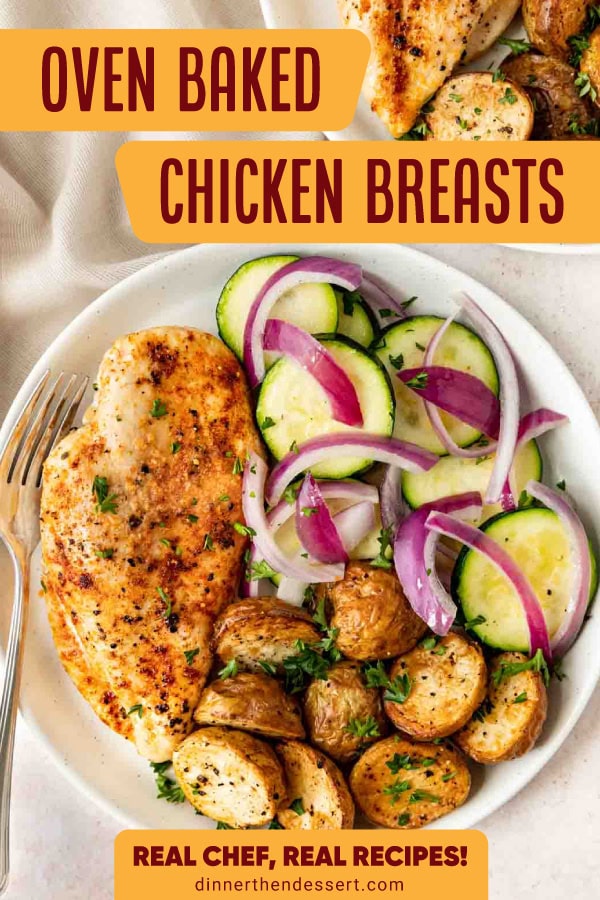 Plate showing a juicy baked chicken breast and sides of roasted potato, cucumber and slices of purple onion for garnish.