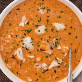Bowl of creamy seafood soup.