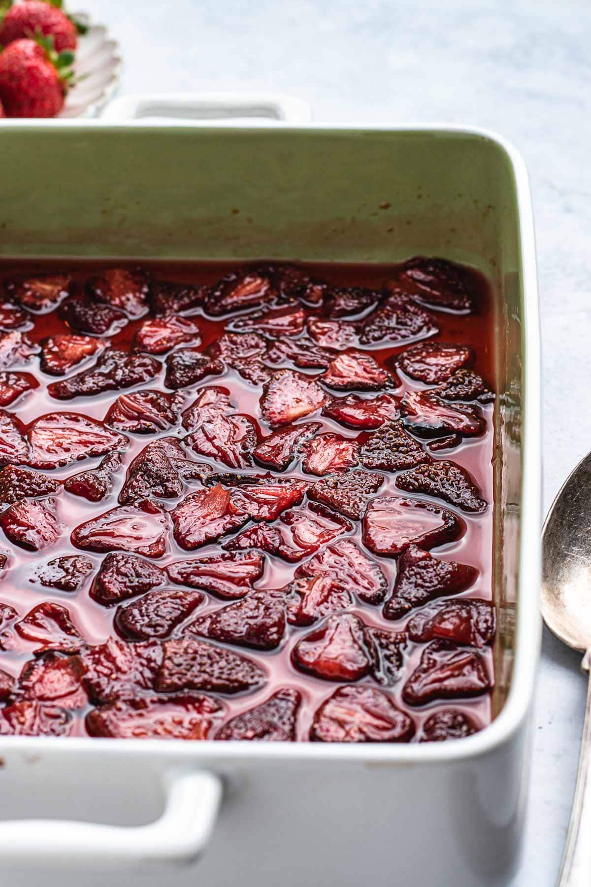 Roasted Strawberry Jam berries in cooking dish after roasting