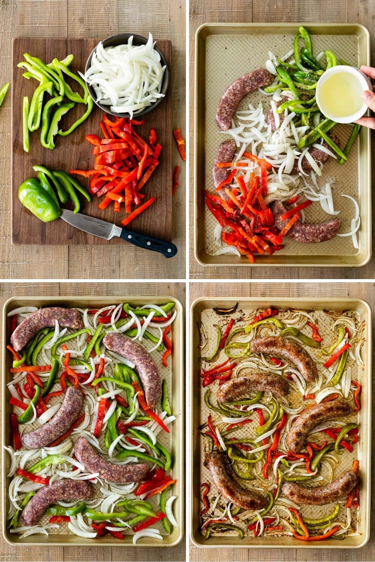 Sheet Pan Sausage and Peppers veggies preparation collage