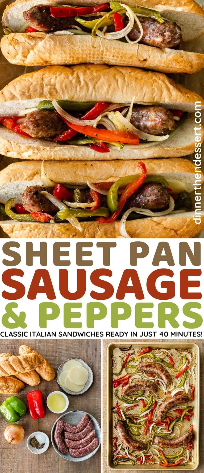Sheet Pan Sausage and Peppers in hoagie rolls collage