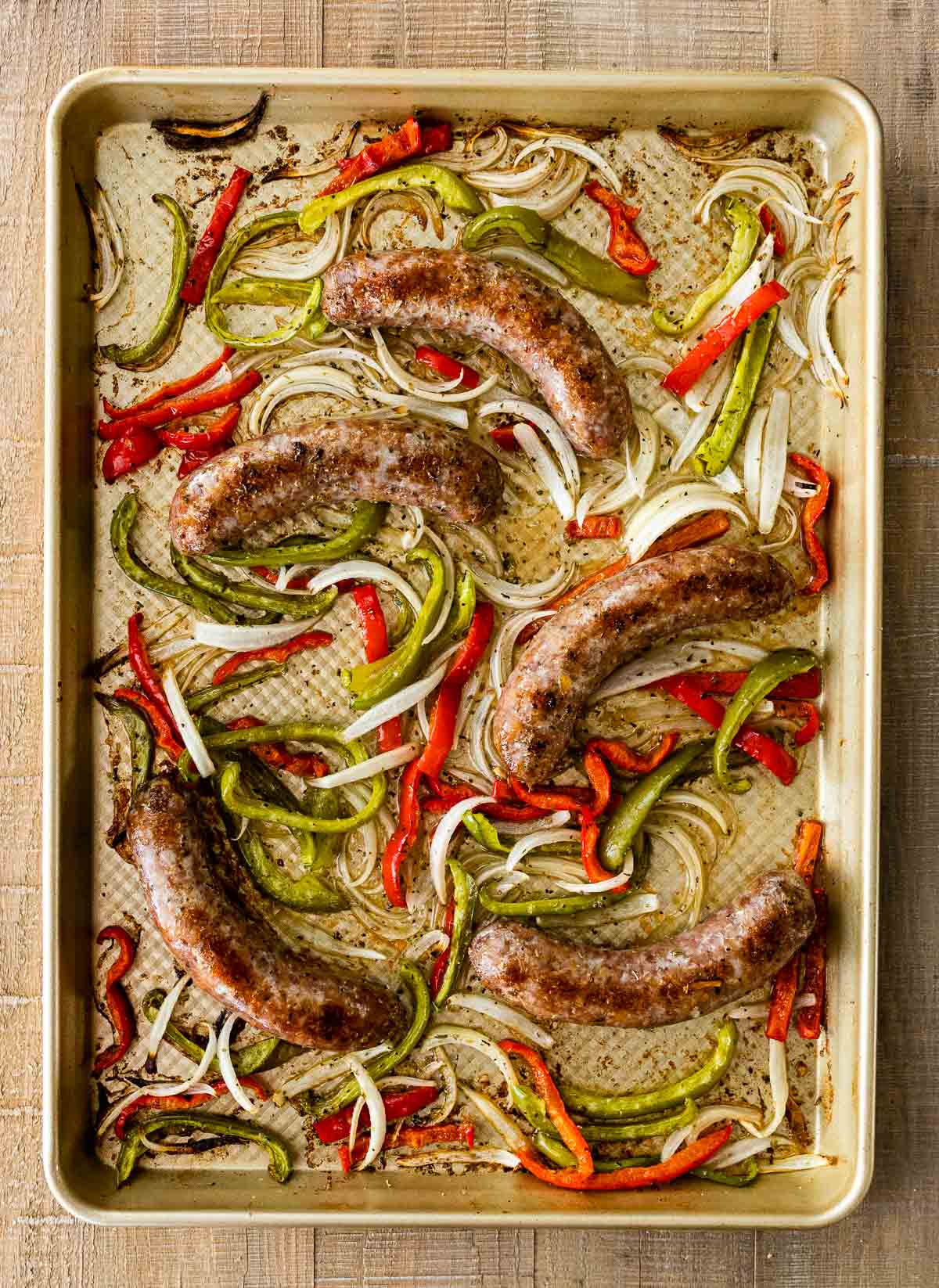 Sheet Pan Sausage and Peppers on sheet pan cooked