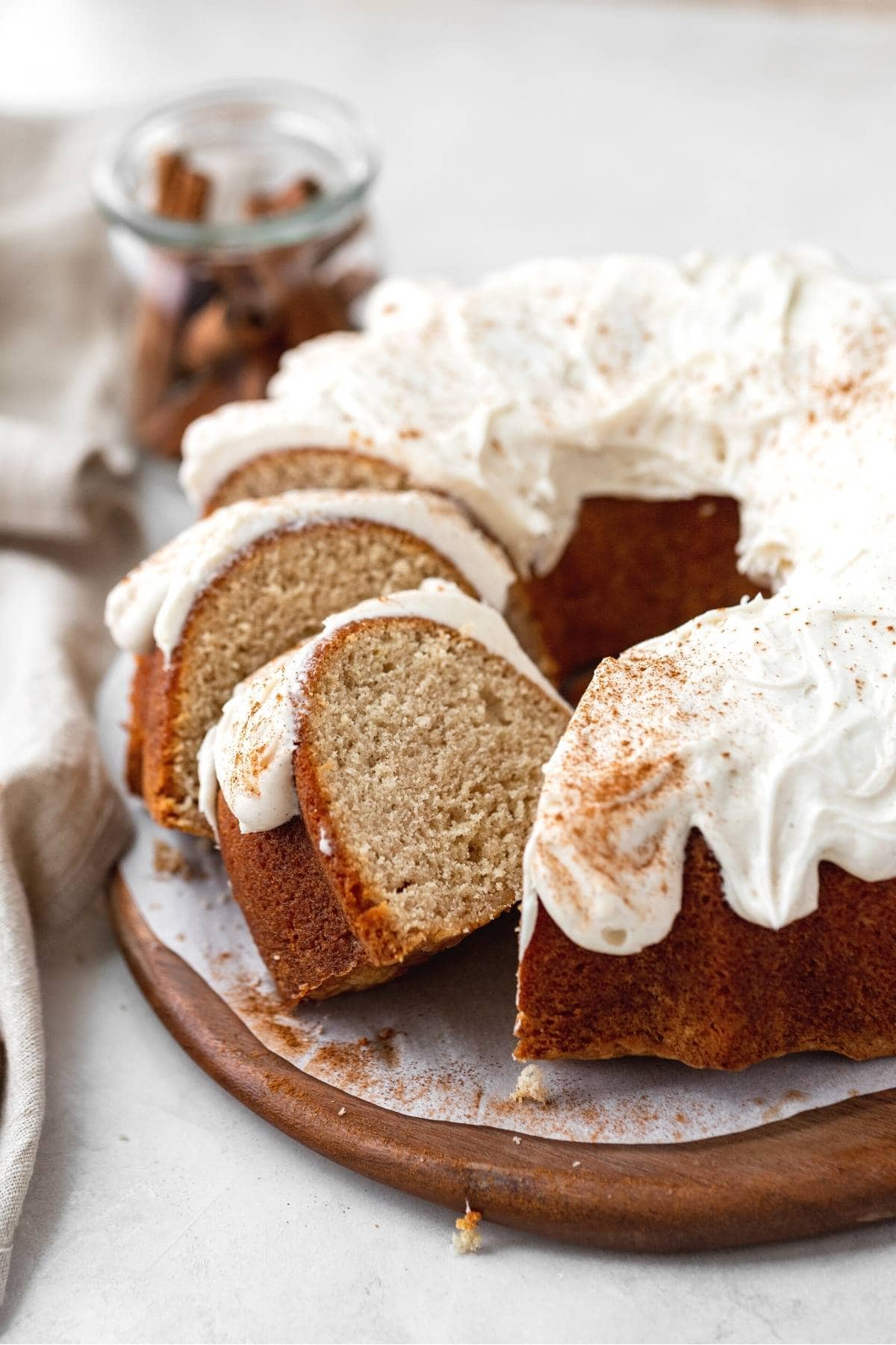 Snickerdoodle Bundt Cake sliced on serving platter