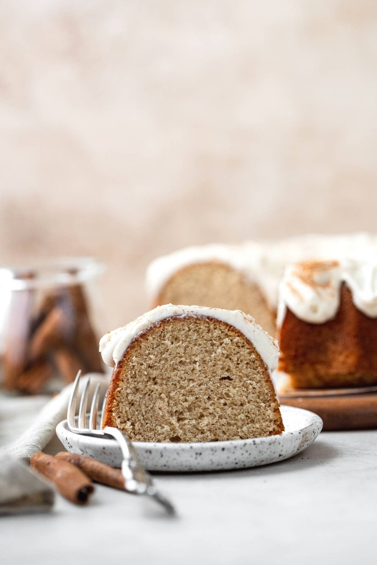 Snickerdoodle Bundt Cake slice on serving plate