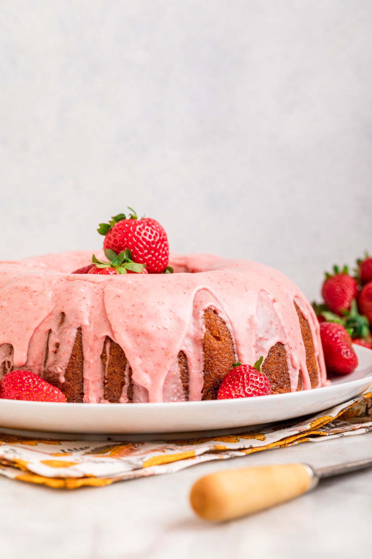 Strawberry Bundt Cake on serving platter
