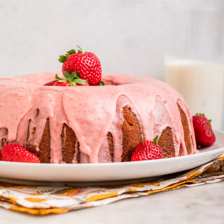 Strawberry Bundt Cake on serving platter 1x1